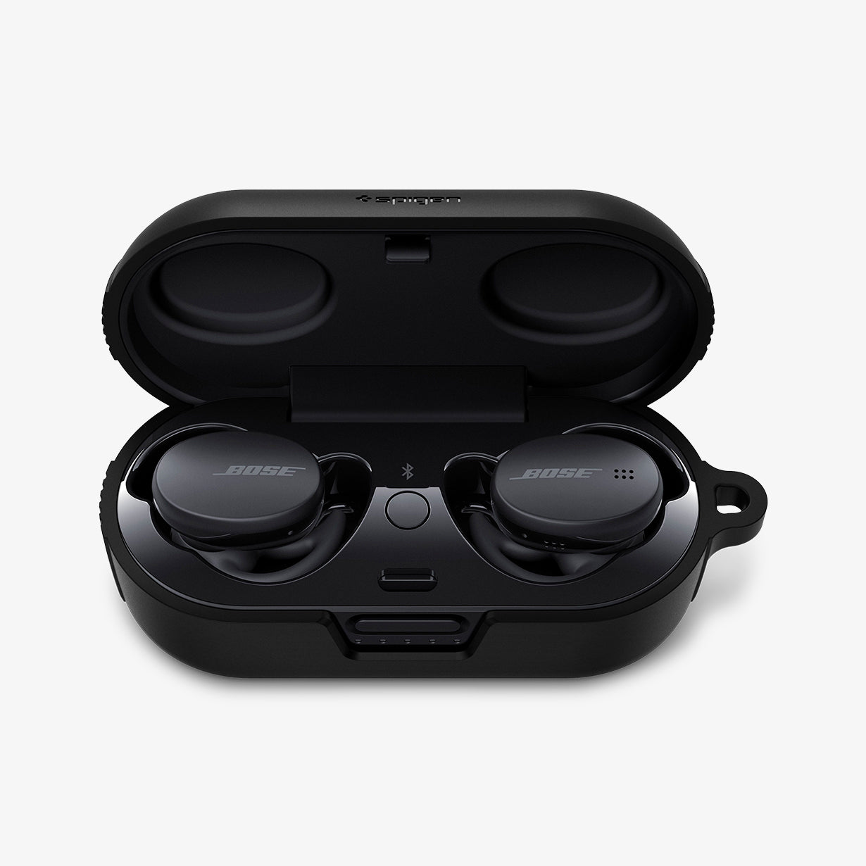 ASD02572 - Bose Earbuds Sports Case Rugged Armor in black showing the front with top open and earbuds inside