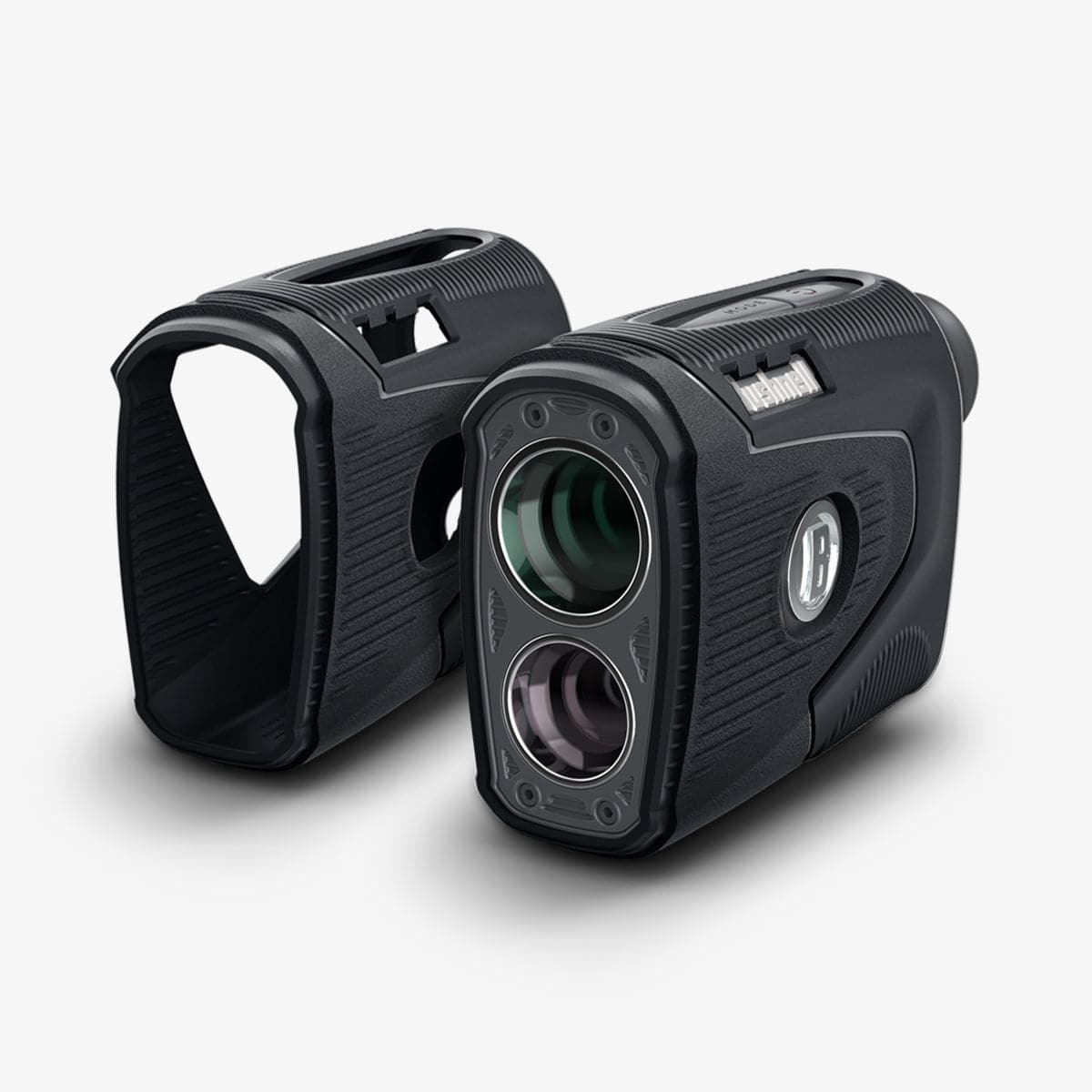ACS04228 - Bushnell Pro XE Rangefinder AirTag Case in black showing the front, back and side