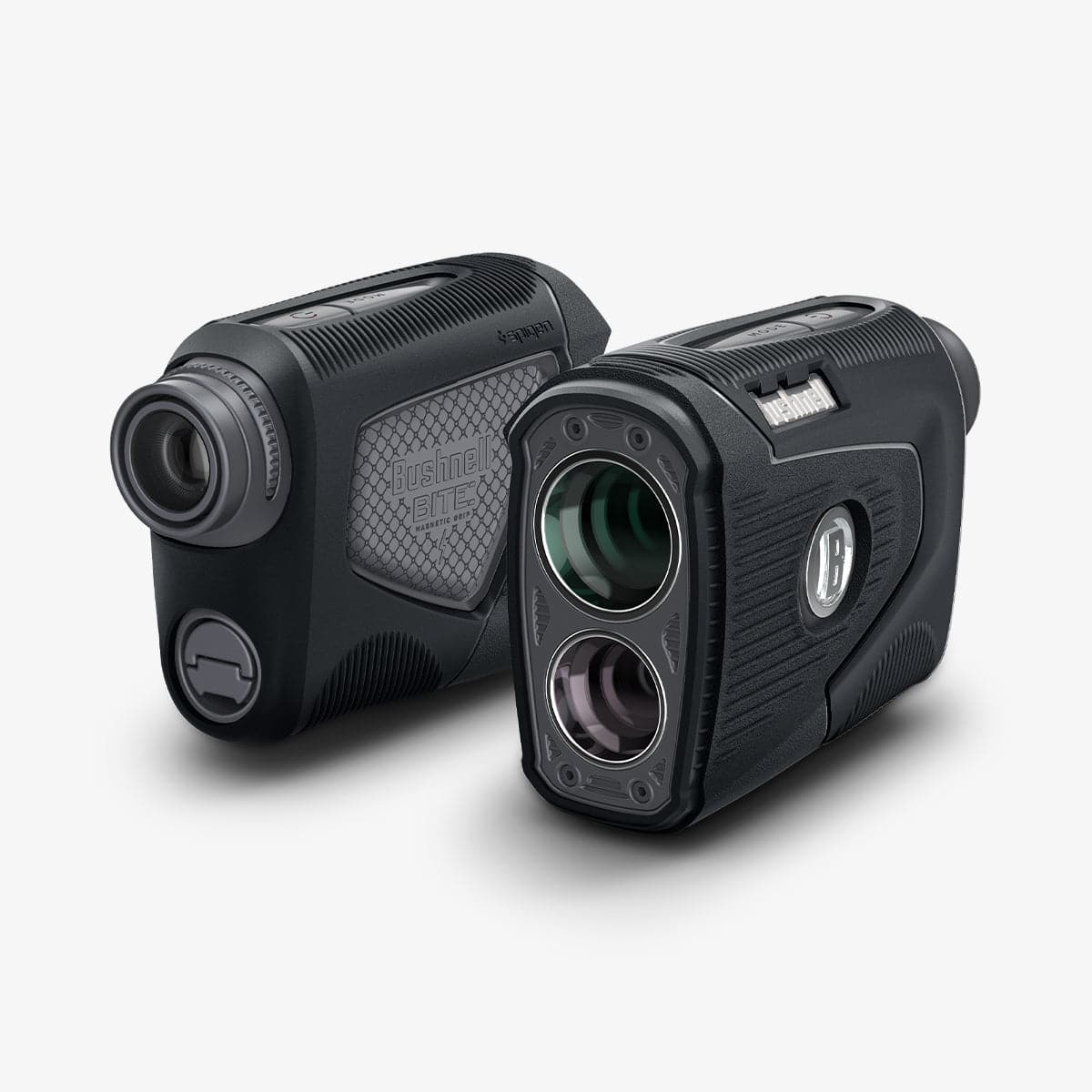 ACS04228 - Bushnell Pro XE Rangefinder AirTag Case in black showing the front, side and back