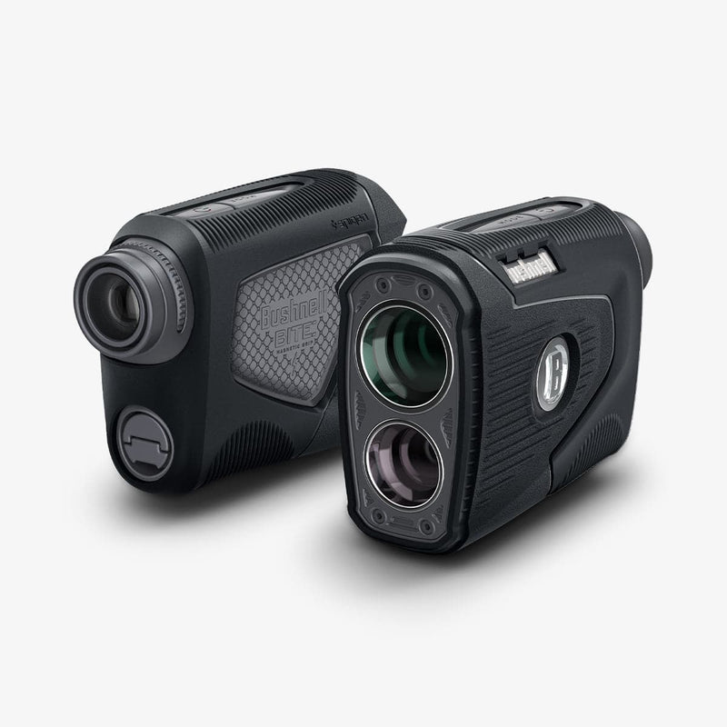 ACS04228 - Bushnell Pro XE Rangefinder AirTag Case in black showing the front, side and back