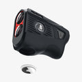 ACS04229 - Bushnell Tour V5 Shift Rangefinder AirTag Case in charcoal showing the front, side and bottom with airtag hovering below slot