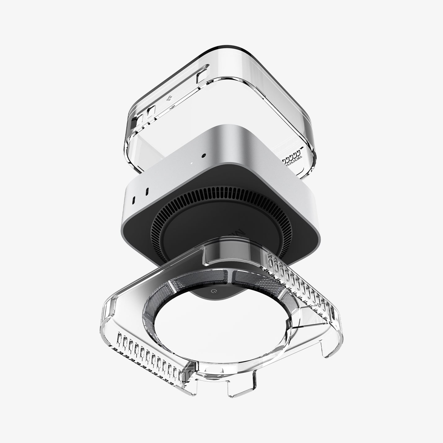 ACS09210 - Apple Mac Mini Stand | Ultra Hybrid in Crystal Clear showing the bottom with apple mac mini hovering above stand