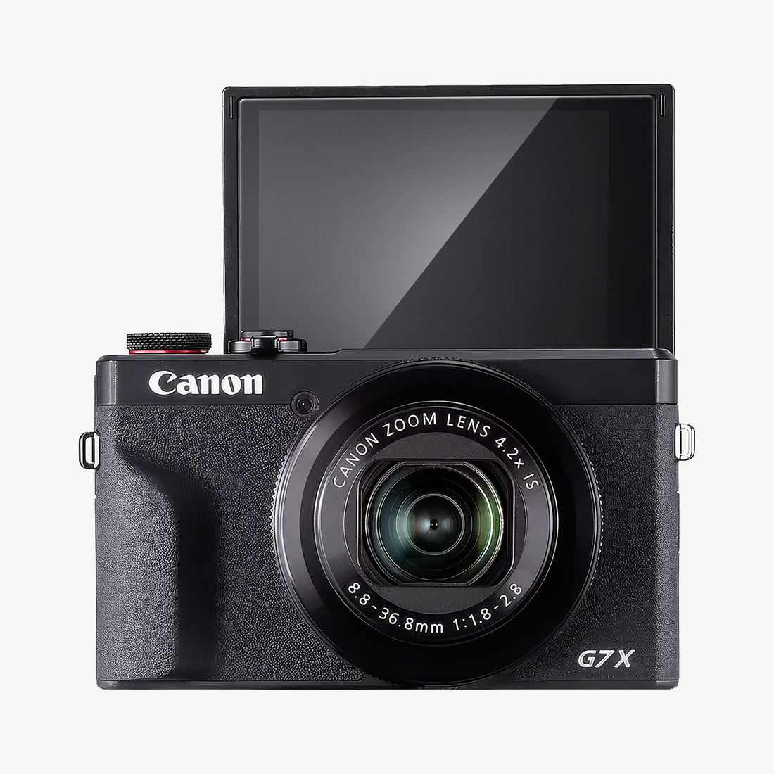 AGL11652 - PowerShot G7 X Mark III Glas.tR SLIM showing front view of Canon PowerShot G7 X Mark III with Spigen Glas.tR Slim    screen protector and flip-up selfie display with Canon Zoom Lens 4.2x IS