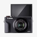 AGL11652 - PowerShot G7 X Mark III Glas.tR SLIM showing front view of Canon PowerShot G7 X Mark III with Spigen Glas.tR Slim    screen protector and flip-up selfie display with Canon Zoom Lens 4.2x IS
