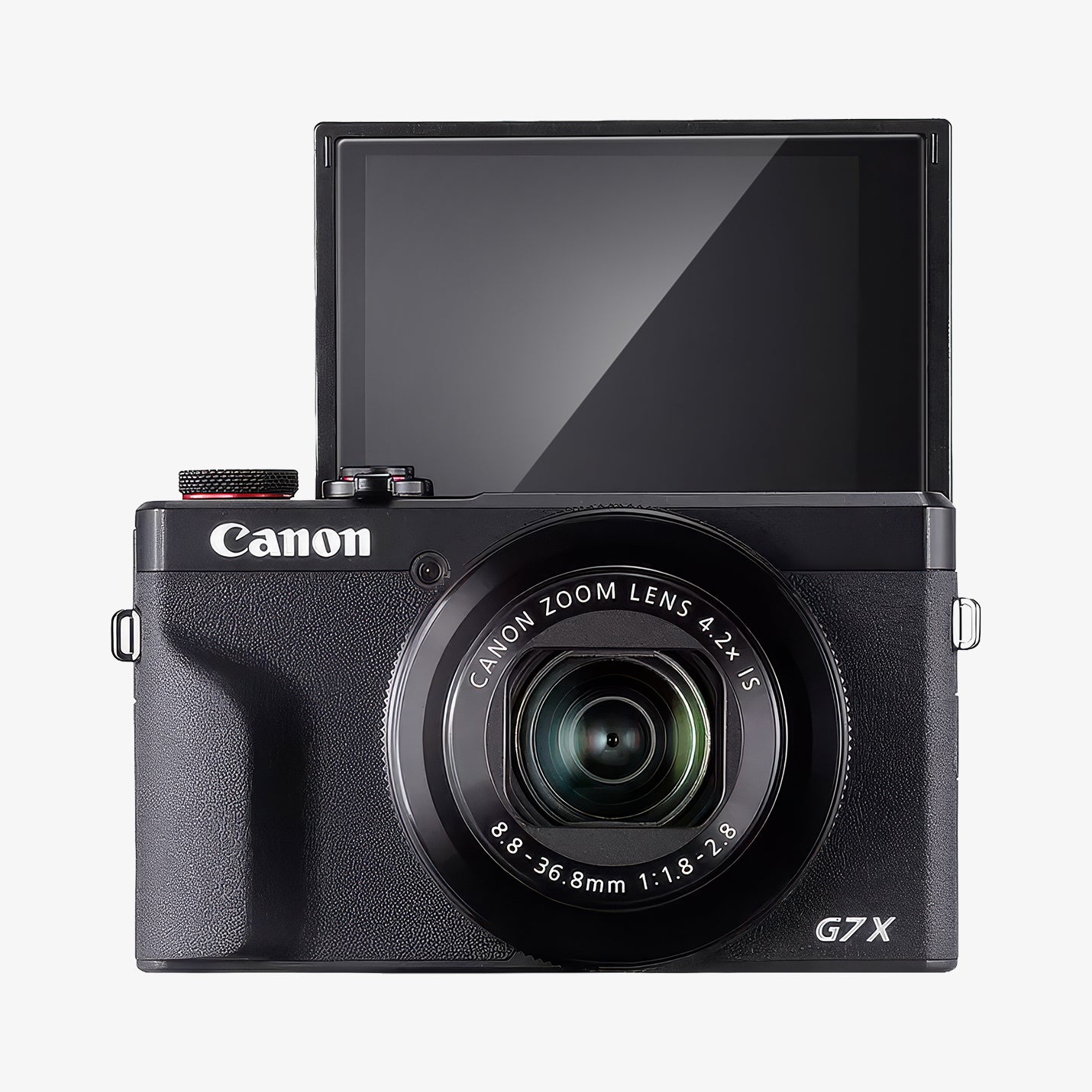 AGL11652 - PowerShot G7 X Mark III Glas.tR SLIM showing front view of Canon PowerShot G7 X Mark III with Spigen Glas.tR Slim    screen protector and flip-up selfie display with Canon Zoom Lens 4.2x IS