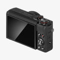 AGL11652 - PowerShot G7 X Mark III Glas.tR SLIM showing angled rear perspective of Canon PowerShot G7 X Mark III with Spigen    Glas.tR Slim screen protector featuring tilting LCD display and HDMI port side view