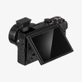 AGL11652 - PowerShot G7 X Mark III Glas.tR SLIM showing side profile of Canon PowerShot G7 X Mark III with Spigen Glas.tR Slim    screen protector and downward-tilting LCD screen with MIC port and top controls visible