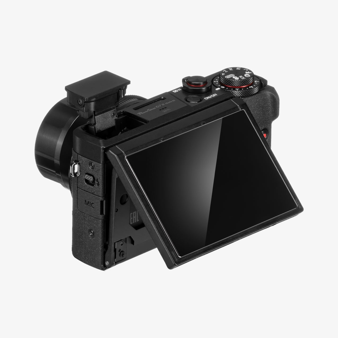 AGL11652 - PowerShot G7 X Mark III Glas.tR SLIM showing side profile of Canon PowerShot G7 X Mark III with Spigen Glas.tR Slim    screen protector and downward-tilting LCD screen with MIC port and top controls visible