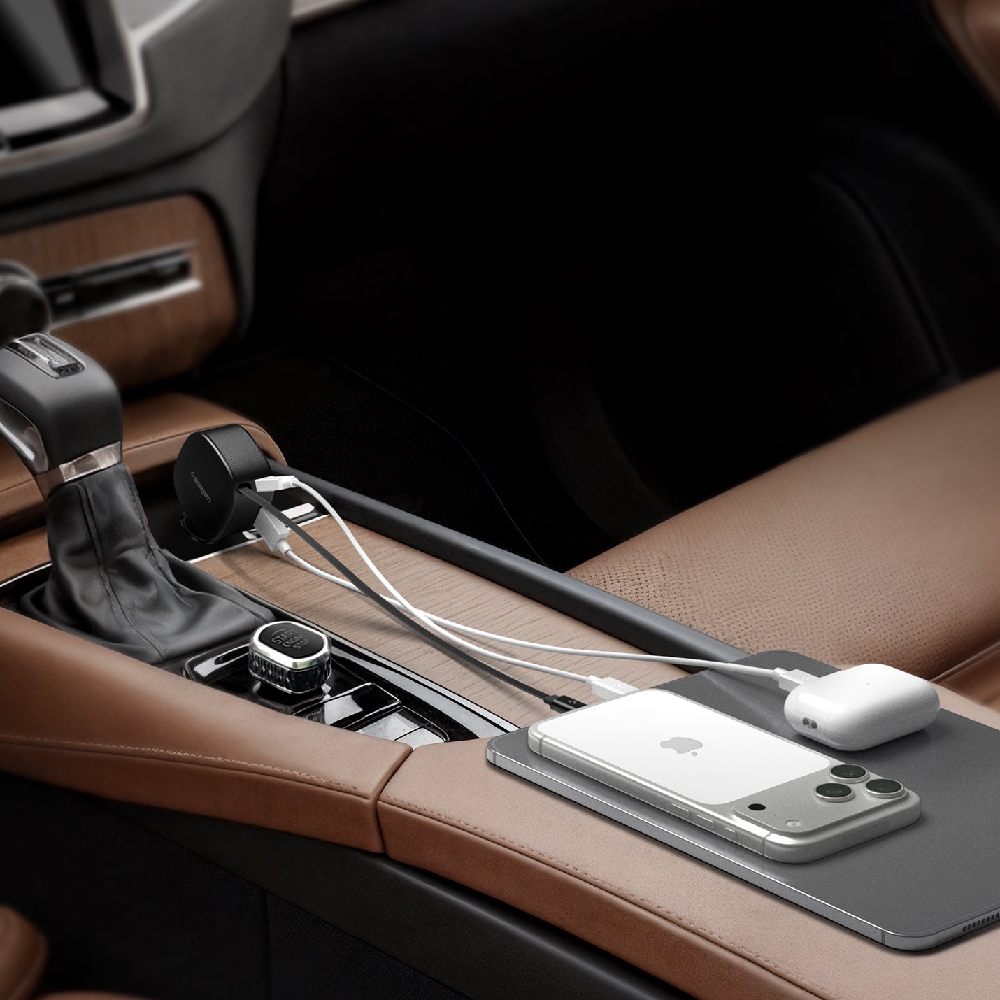 ACP10515 - Car Charger | EV603BT in Black showing cable charging phone and airpod
