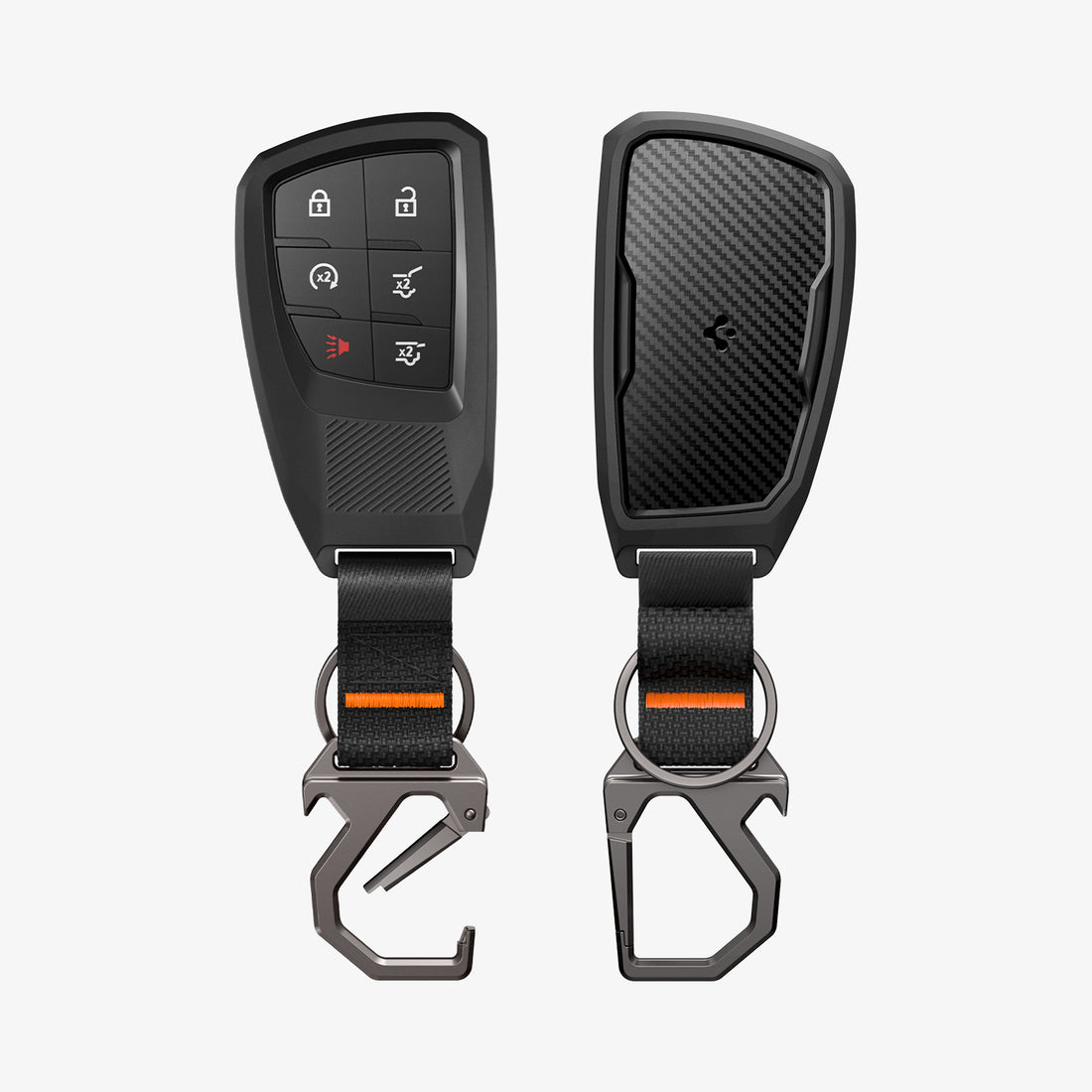ACS11419 - Chevrolet & GMC Key Fob Cover | CK100 showing key fob cover front and back view with carbon fiber panel and carabiner keychain