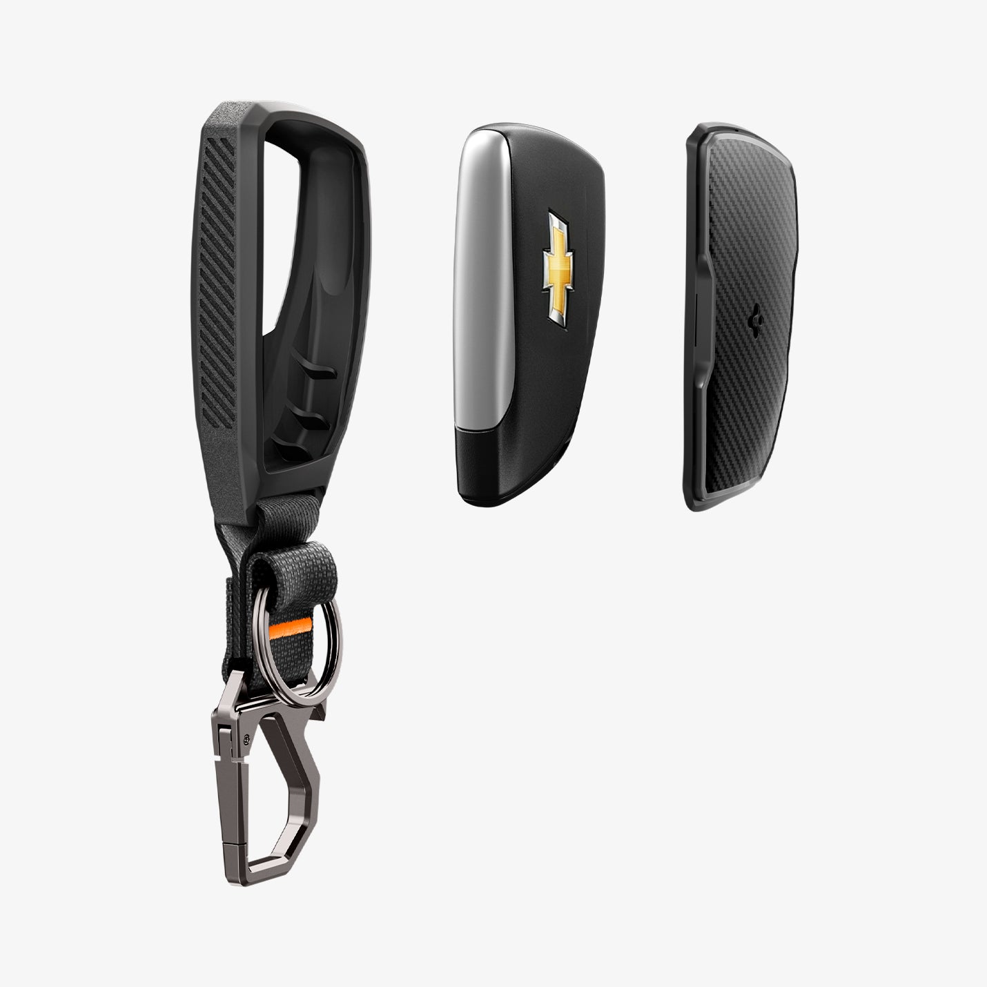 ACS11419 - Chevrolet & GMC Key Fob Cover | CK100 showing key fob cover exploded view with Chevrolet key fob and carabiner keychain separated