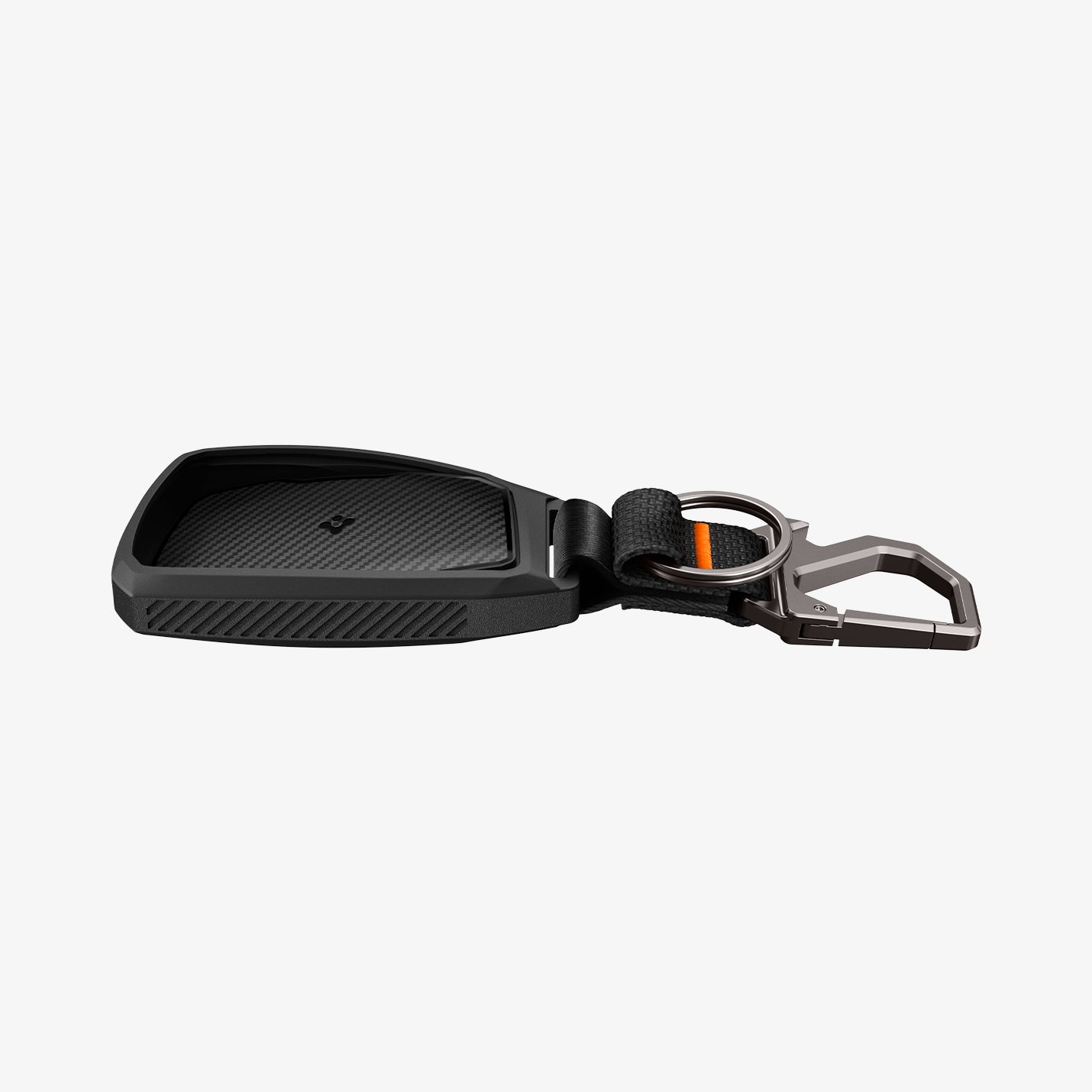 ACS11419 - Chevrolet & GMC Key Fob Cover | CK100 showing key fob cover side view with carbon fiber panel and carabiner keychain laid flat
