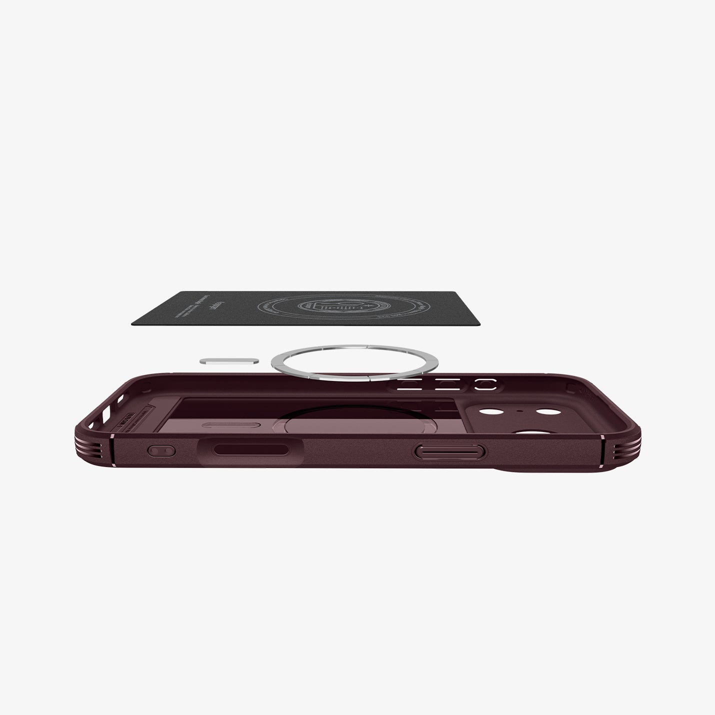 ACS12223 - iPhone 18 Pro / iPhone 17 Pro Core Armor (Mag Fit) Burgundy showing the back cover hovering above detached metal ring plate and the back of the case