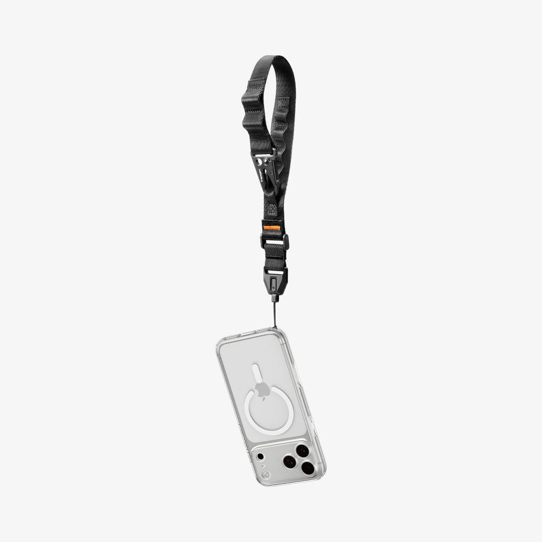 AFA10615 - The Wrist Lanyard | DA30S, shown attached to a clear MagSafe phone case with a quick-release buckle, is displayed on a white background. Order now for expedited shipping and fast delivery.