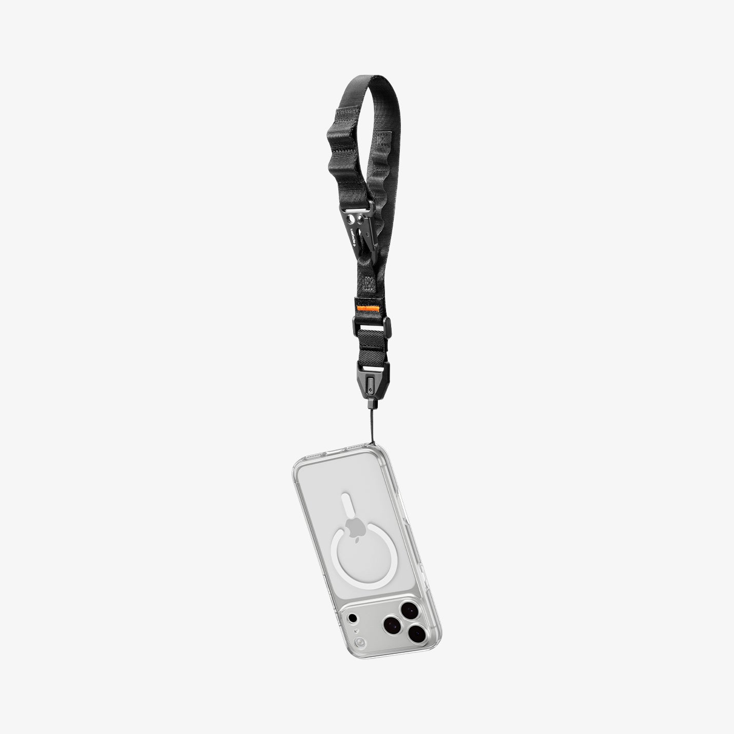 AFA10615 - The Wrist Lanyard | DA30S, shown attached to a clear MagSafe phone case with a quick-release buckle, is displayed on a white background. Order now for expedited shipping and fast delivery.