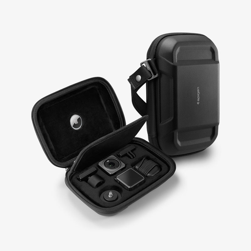 AFA04310 - DJI Action 2 Case Rugged Armor Pro Pouch in black showing the front, inside with airtag slot and multiple slots to place your DJI securely