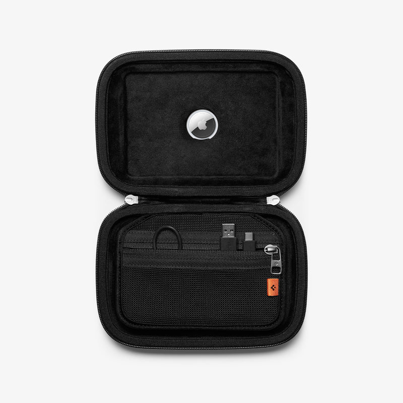 AFA04310 - DJI Action 2 Case Rugged Armor Pro Pouch in black showing the inside with airtag slot and zipper pouch to hold cables