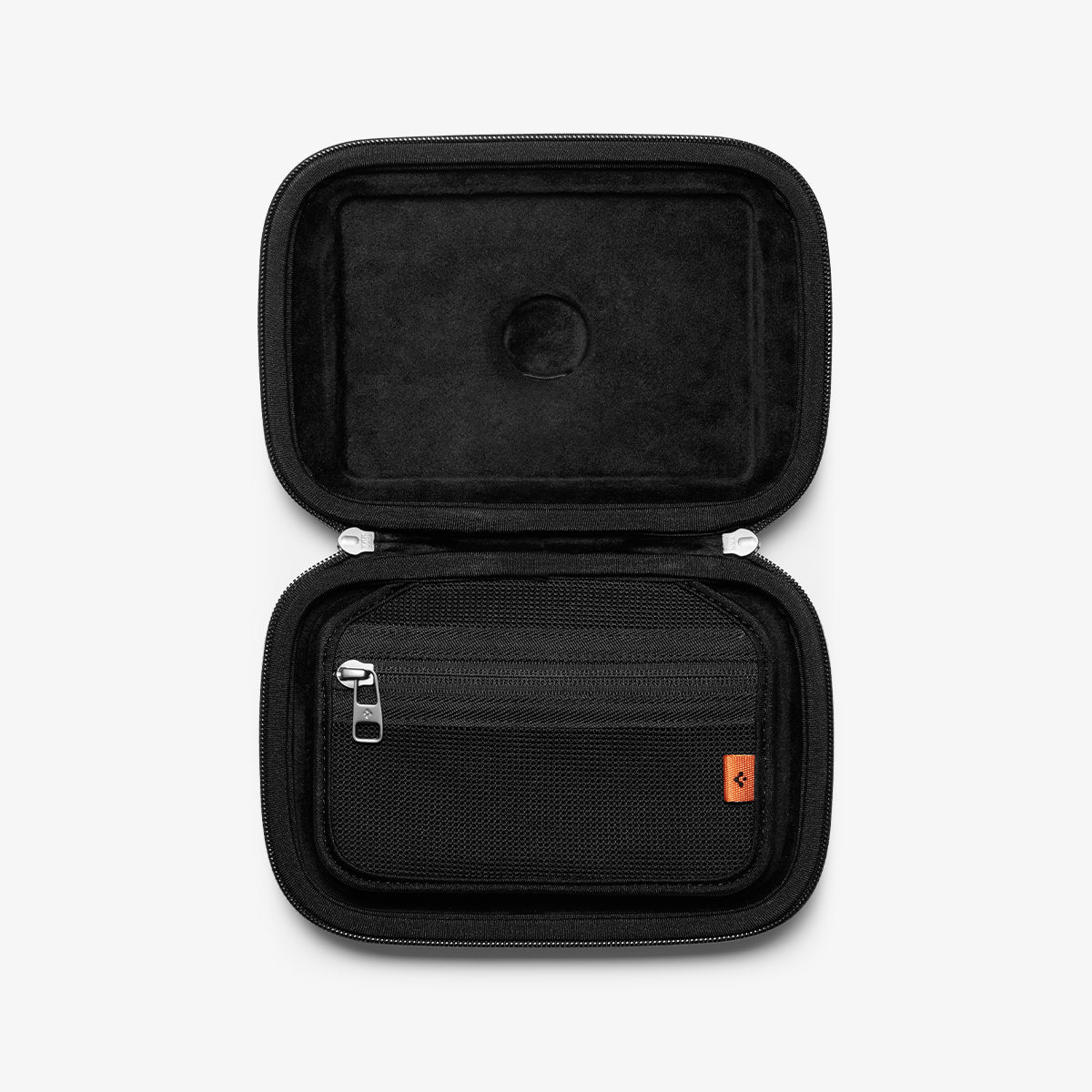 AFA04310 - DJI Action 2 Case Rugged Armor Pro Pouch in black showing the inside with airtag slot and zipper pouch to hold cables without apple logo