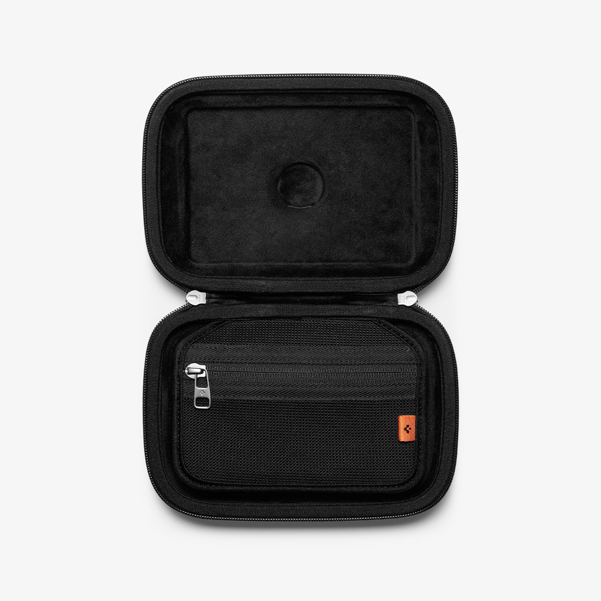 AFA04310 - DJI Action 2 Case Rugged Armor Pro Pouch in black showing the inside with airtag slot and zipper pouch to hold cables without apple logo