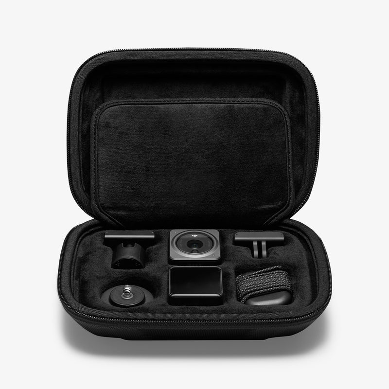 AFA04310 - DJI Action 2 Case Rugged Armor Pro Pouch in black showing the inside with multiple slots to place your DJI securely with slots filled with equipment