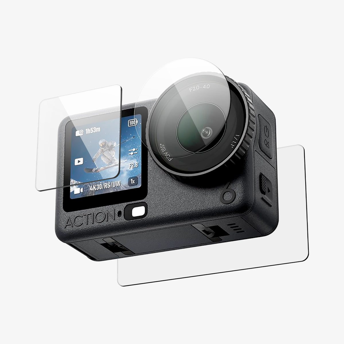 AGL11837 - DJI Osmo Action 6 GLAS.tR SLIM showing screen and lens protectors positioned around an action camera