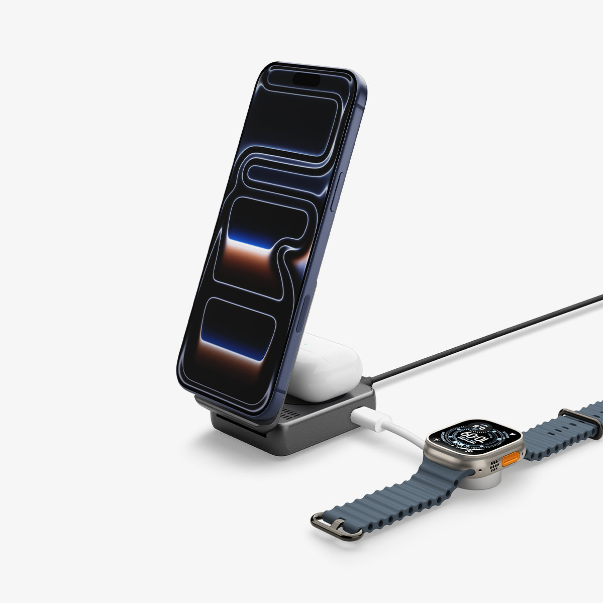 ACH10399 - 2-in-1 Magnetic Wireless Charger | EF302MOQ (Mag Fit) in Black showing front with charging and watch