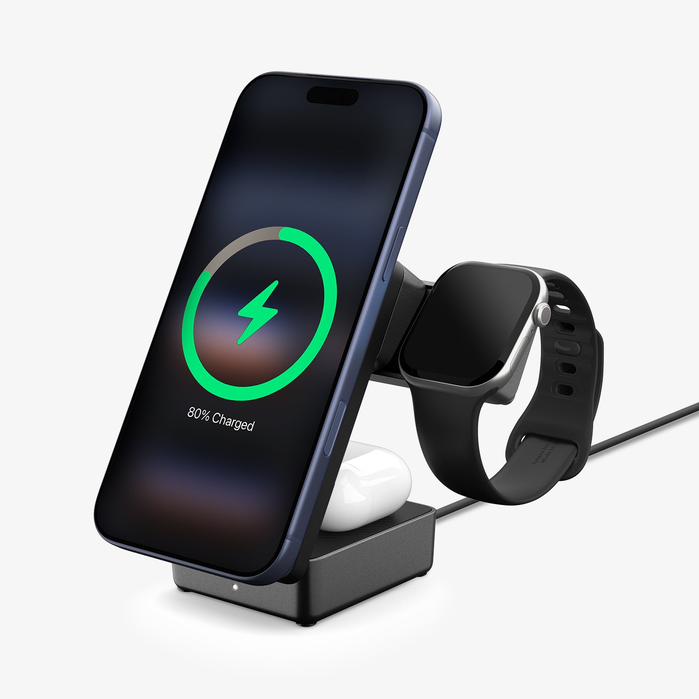 ACH10398 -  Spigen Qi2 3-in-1 Fast Wireless Charger charging phone watch and earbuds simultaneously