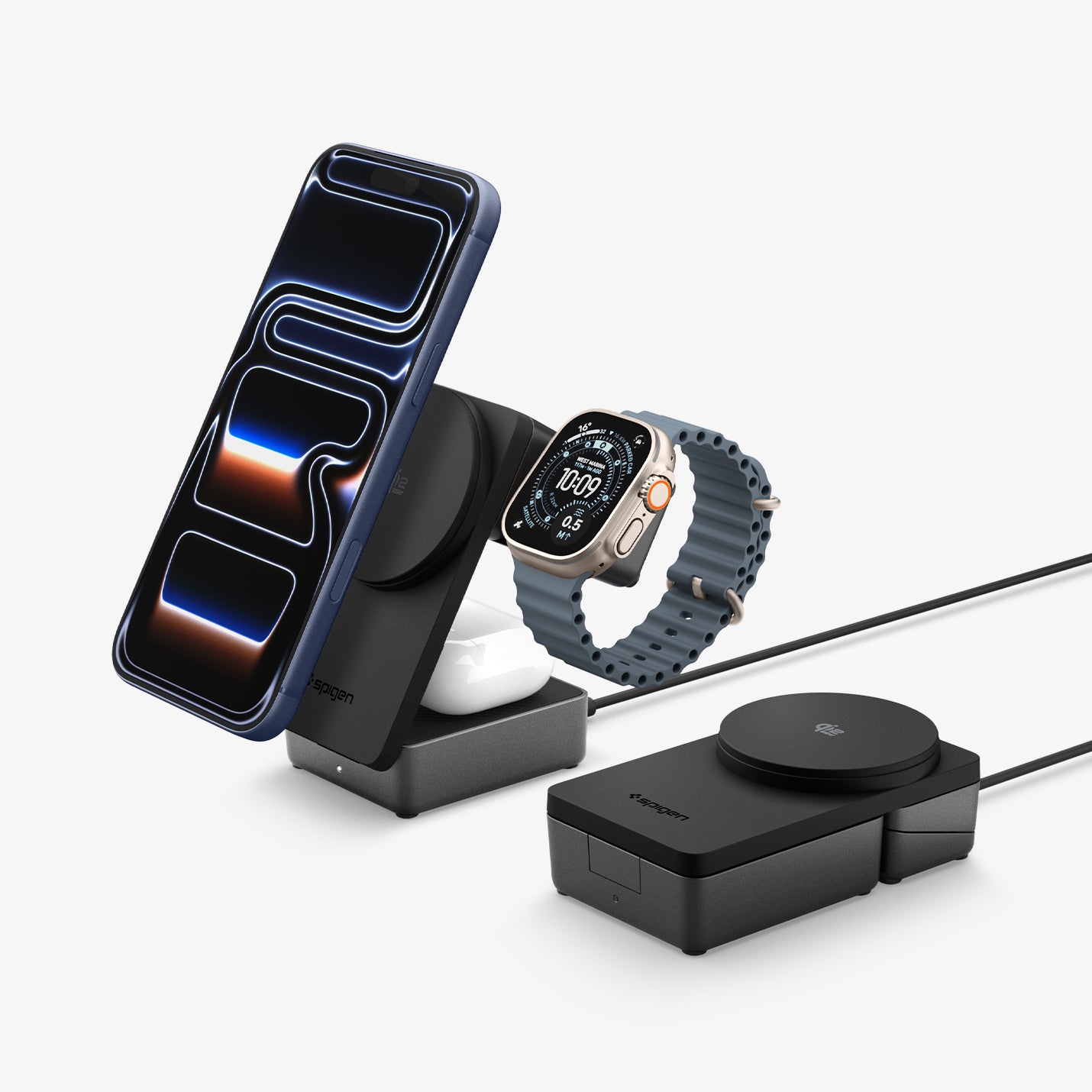 ACH10398 -  Spigen Qi2 3-in-1 Fast Wireless Charger showing full setup with phone watch and earbuds