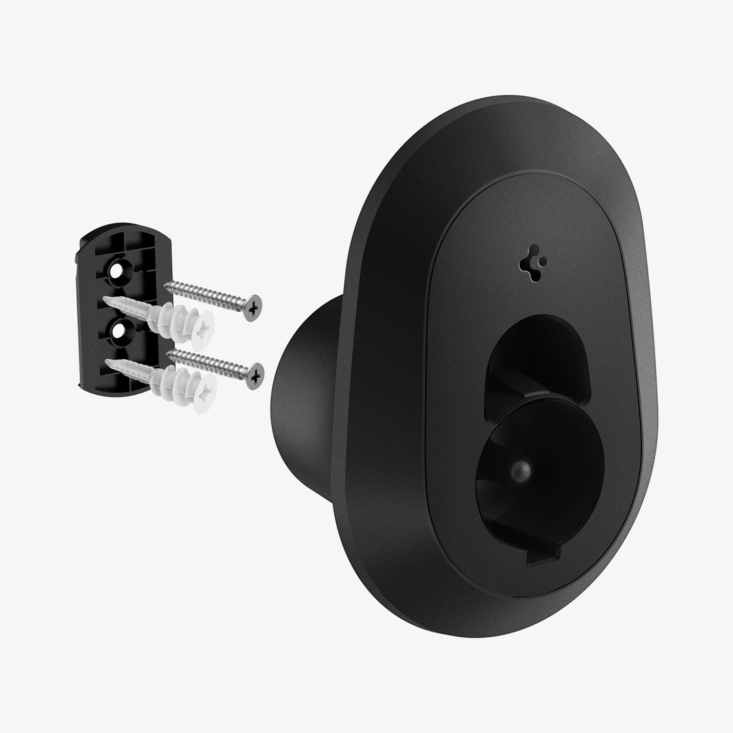 ACP04293 - EV Charger Cable Holder in black showing the cable holder hovering in front of mounting screws