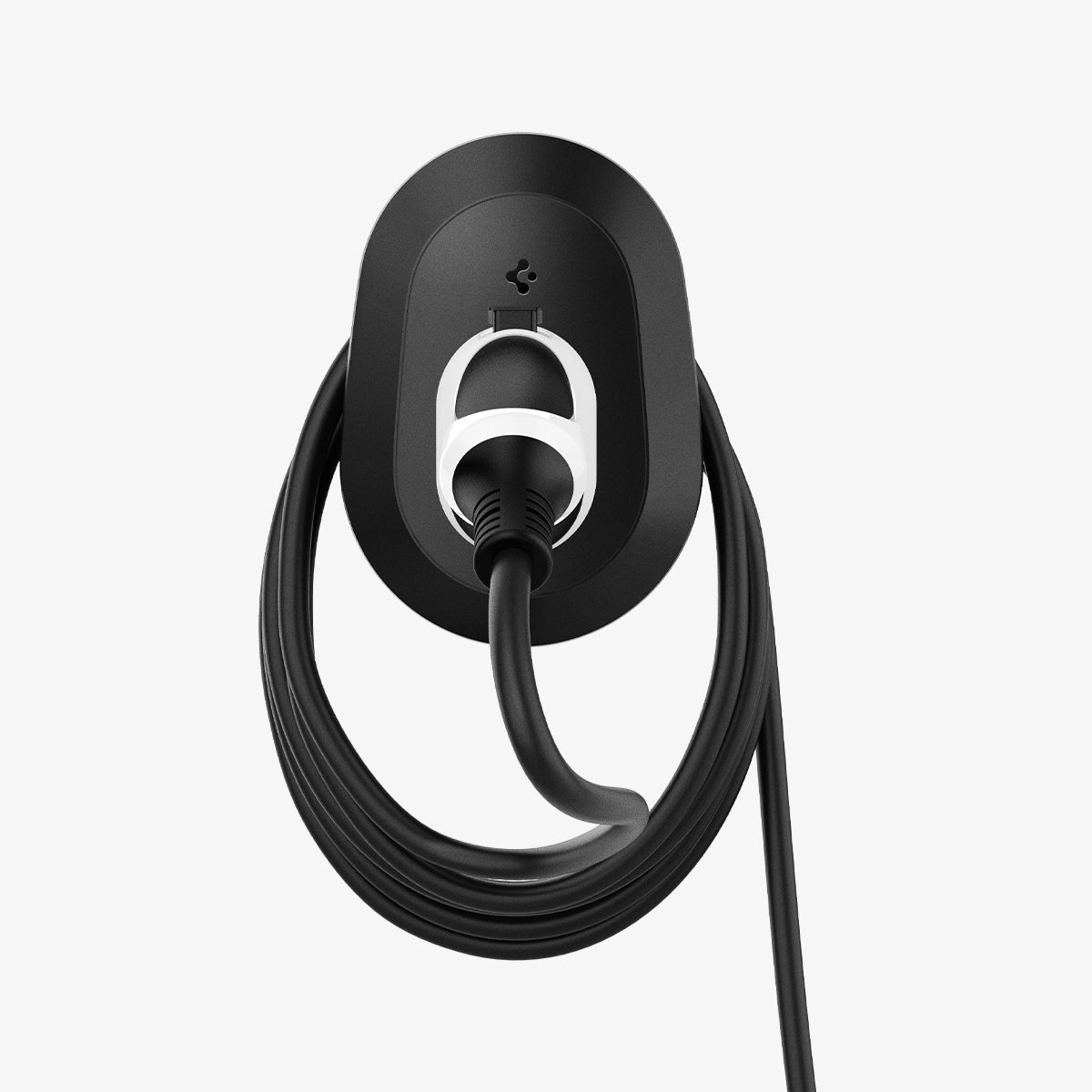 ACP04293 - EV Charger Cable Holder in black showing the front with charger inserted and cable organized