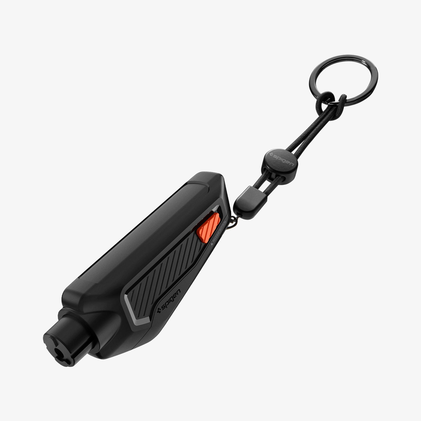 ACP06988 - Car Escape Tool in Black showing the top, round tip, partial side with a string and a key ring attached