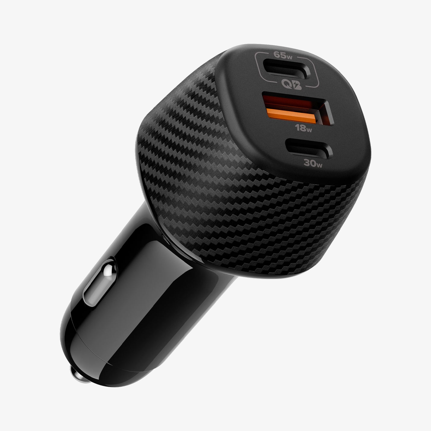 ACP09543 - ArcStation™ Essential 113W USB C Fast Car Charger | EV1133 showing an angled close-up of the charger's ports and carbon-fiber finish