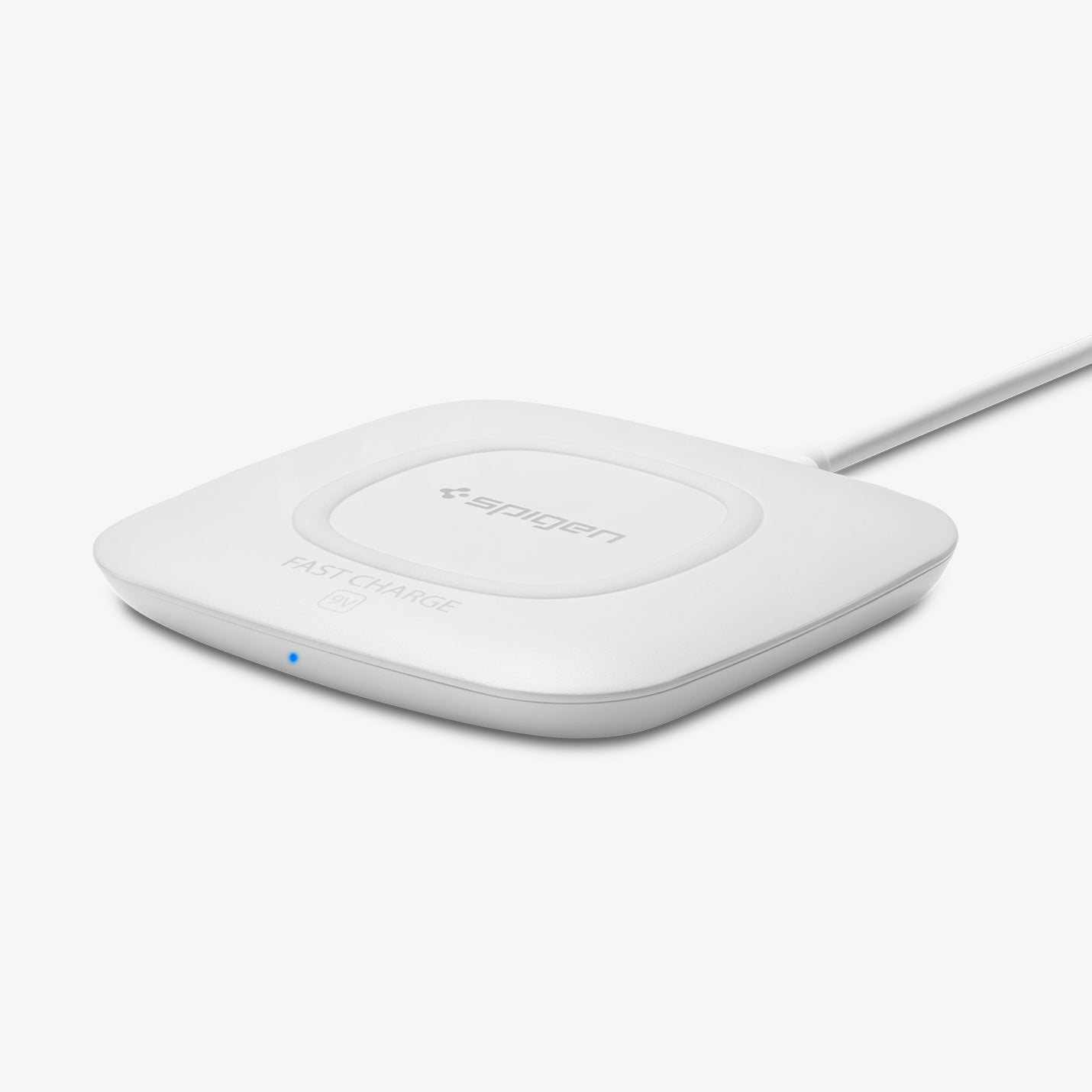 000CH22588 - Essential® 10W Wireless Charger F301W in White showing the front and sides with cable wire attached