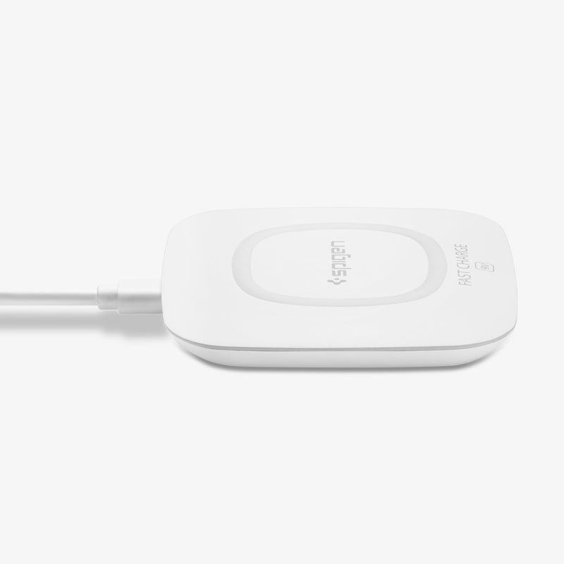 000CH22588 - Essential® 10W Wireless Charger F301W in White showing the front and partial side with wire cable attached