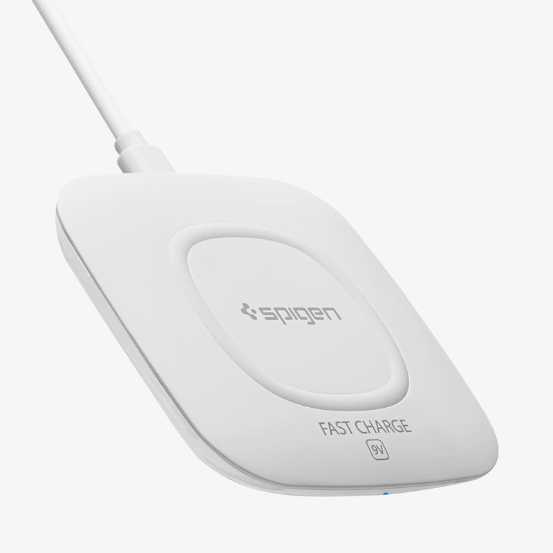 000CH22588 - Essential® 10W Wireless Charger F301W in White showing the front and partial sides with wire cable attached