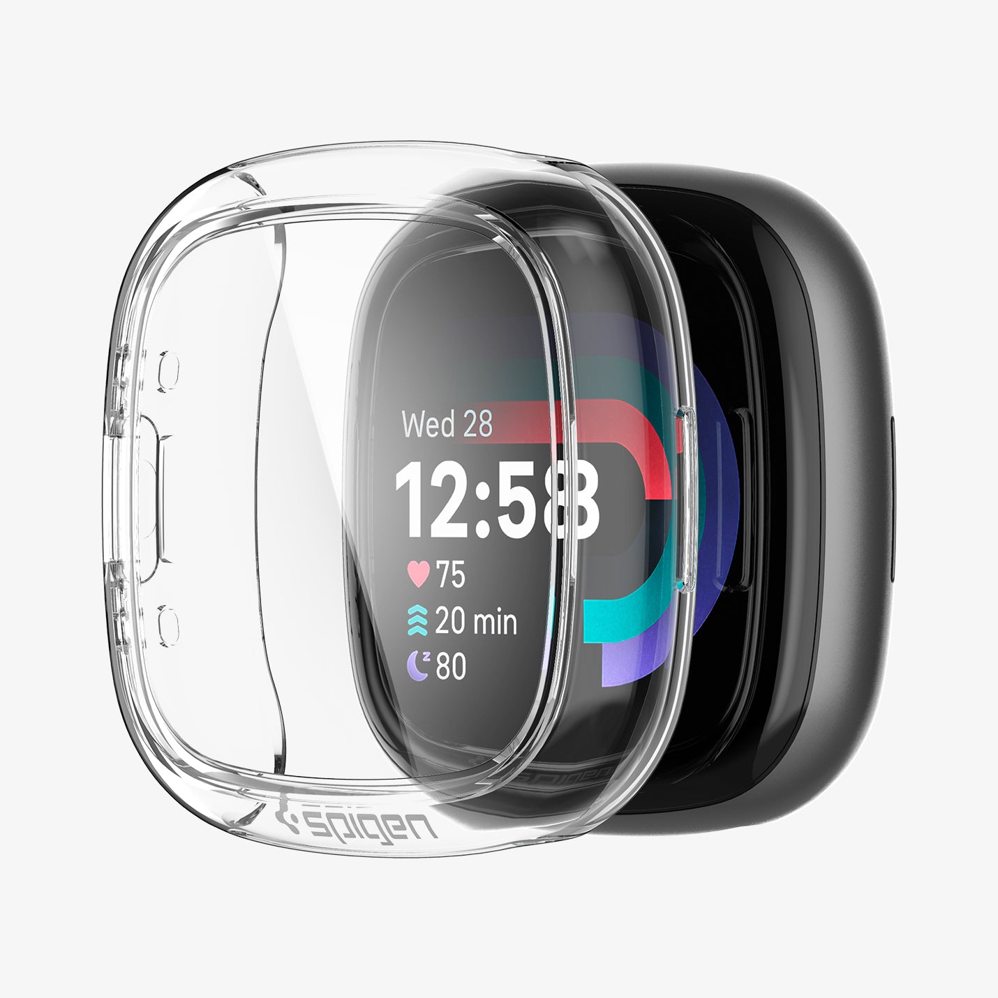 ACS05297 - Fitbit Series Case Ultra Hybrid in crystal clear showing the case hovering in front of the watch face