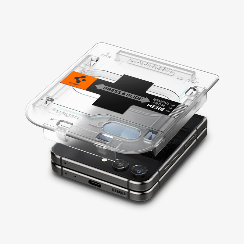 AGL06525 - Galaxy Z Flip 5 Series Screen Protector EZ FIT GLAS.tR showing the ez fit tray hovering above the device