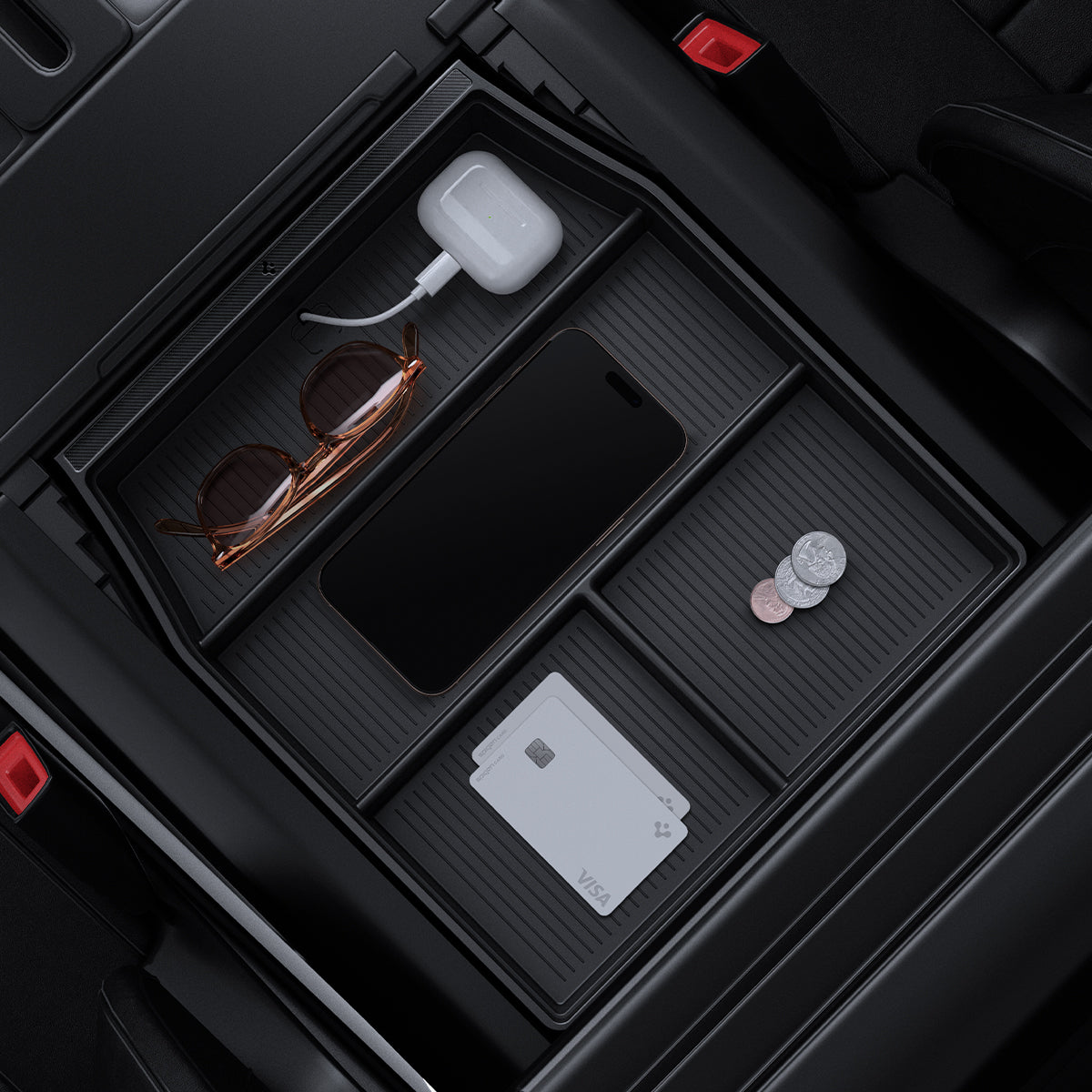 ACP08900 - Ford Armrest Console Organizer | FO220 in Black showing the top with multiple items inside