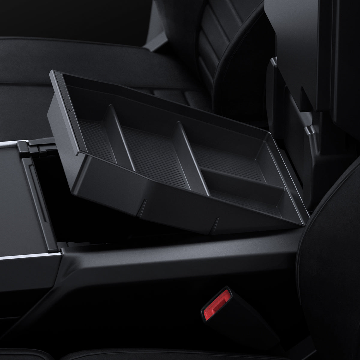 ACP08900 - Ford Armrest Console Organizer | FO220 in Black showing the top, partial side, partially lifted from the center console