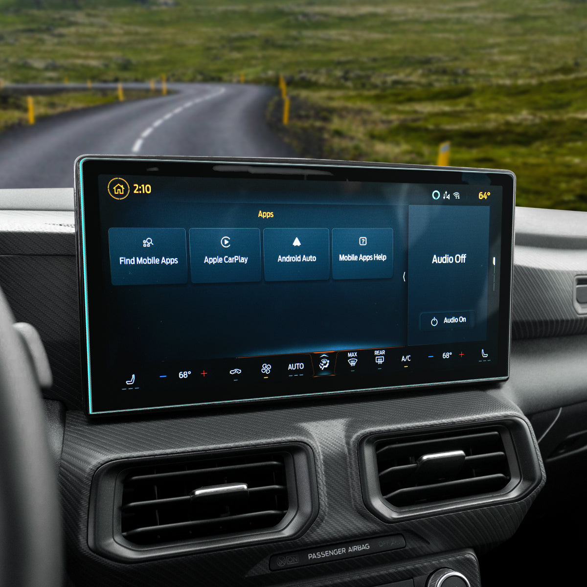 AGL07592 - Ford Mustang 13.2-inch Screen Protector GLAS.tR SLIM in Clear showing the view inside a car, showing front of a device with a screen protector installed