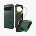 ACS11854 - Pixel 11 Tough Armor (Mag Fit) Abyss Green front, interior, and angled views highlighting the built in kickstand, built in magnetic ring, and multi layer construction.