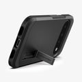 ACS11443 - Pixel 11 Tough Armor (Mag Fit) Black case displayed with the built in kickstand extended for hands free viewing.
