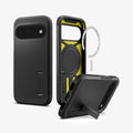 ACS11443 - Pixel 11 Tough Armor (Mag Fit) Black front, interior, and angled views highlighting the built in kickstand, built in magnetic ring, and multi layer construction.
