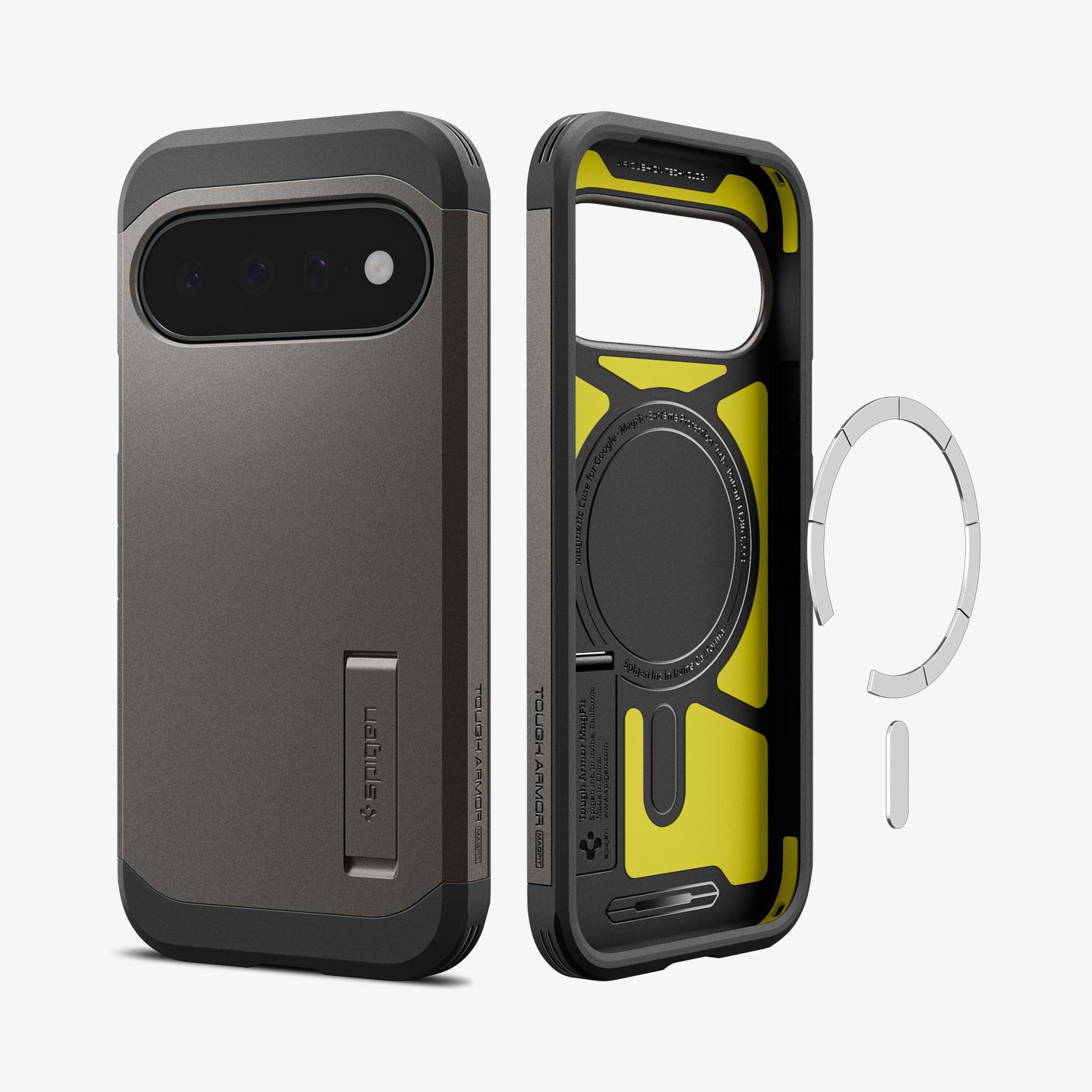 ACS11855 - Pixel 11 Tough Armor (Mag Fit) Gunmetal front and interior views showing the built in magnetic ring, Extreme Protection Foam, and multi layer construction.