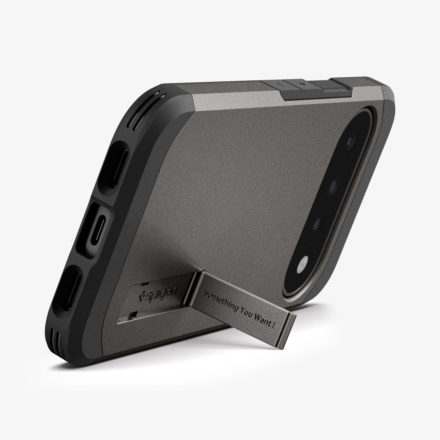 ACS11855 - Pixel 11 Tough Armor (Mag Fit) Gunmetal case displayed with the built in kickstand extended for hands free viewing.