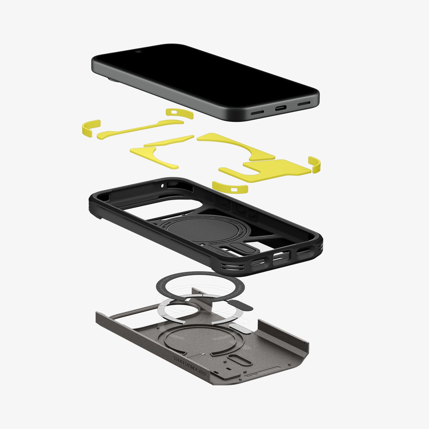 ACS11855 - Pixel 11 Tough Armor (Mag Fit) Gunmetal exploded view showing the multi layer construction, built in magnetic ring, and Extreme Protection Foam.