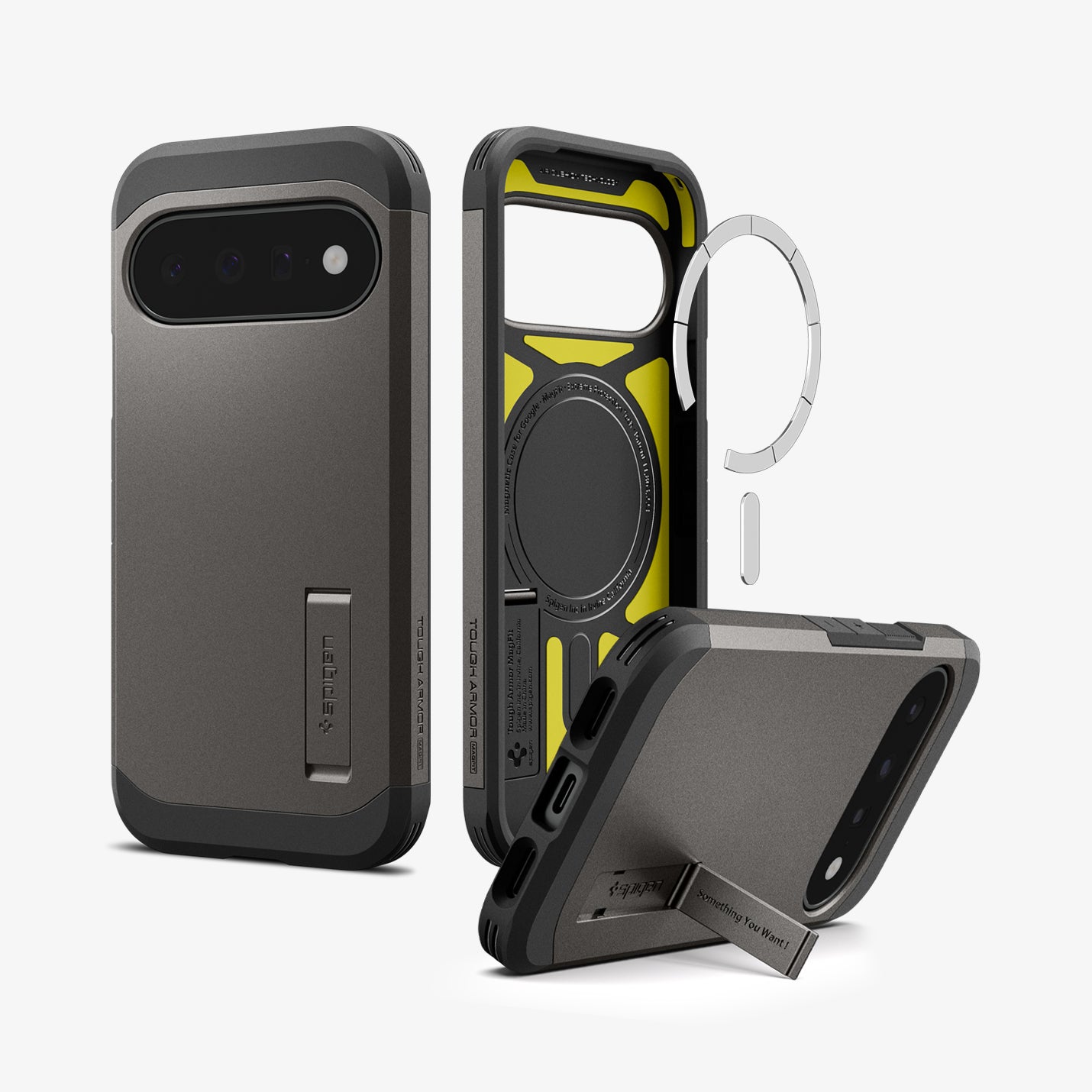 ACS11855 - Pixel 11 Tough Armor (Mag Fit) Gunmetal front, interior, and angled views highlighting the built in kickstand, built in magnetic ring, and multi layer construction.
