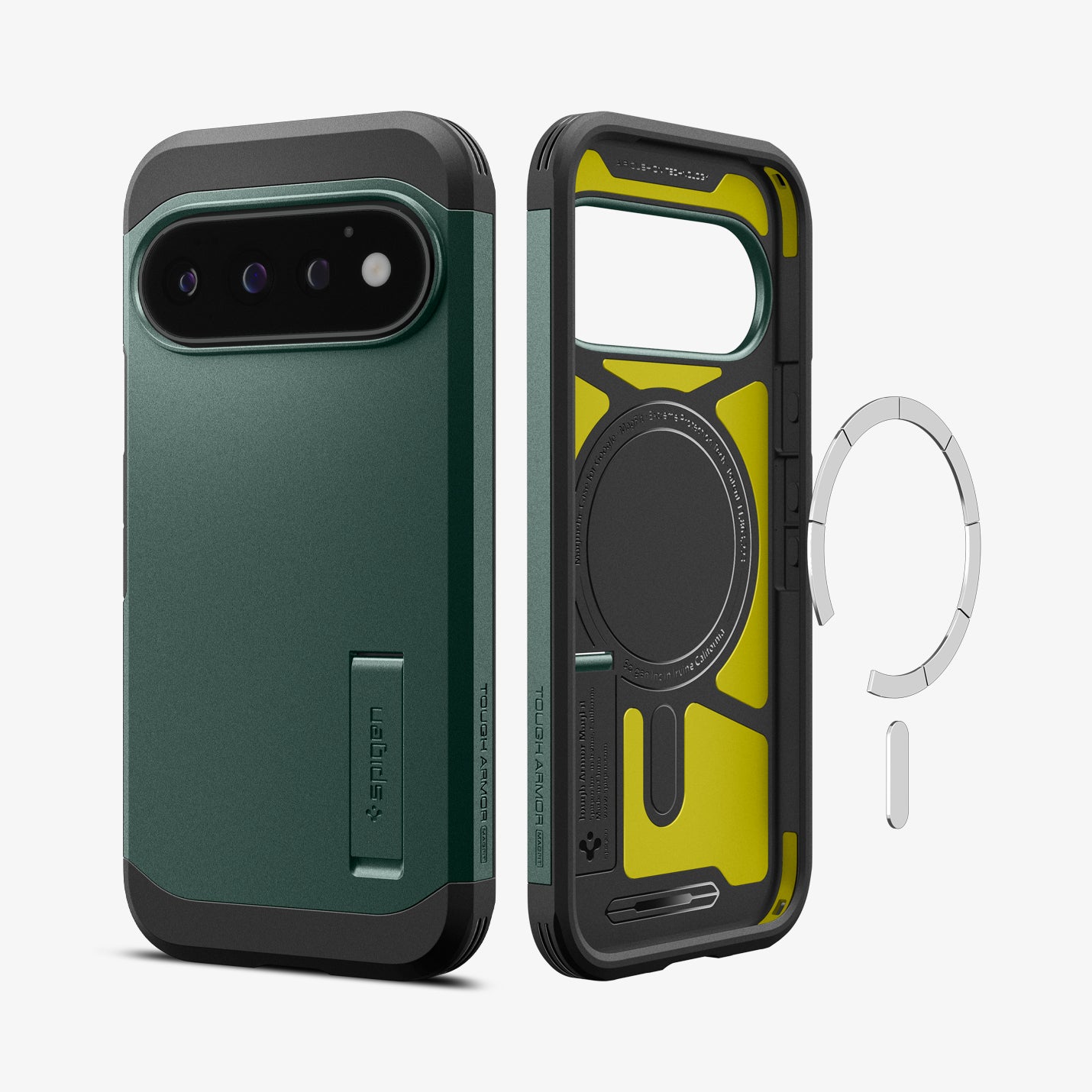 ACS11859 - Pixel 11 Pro  Tough Armor (Mag Fit) Abyss Green front and interior views showing the built in magnetic ring, Extreme Protection Foam, and multi layer construction.