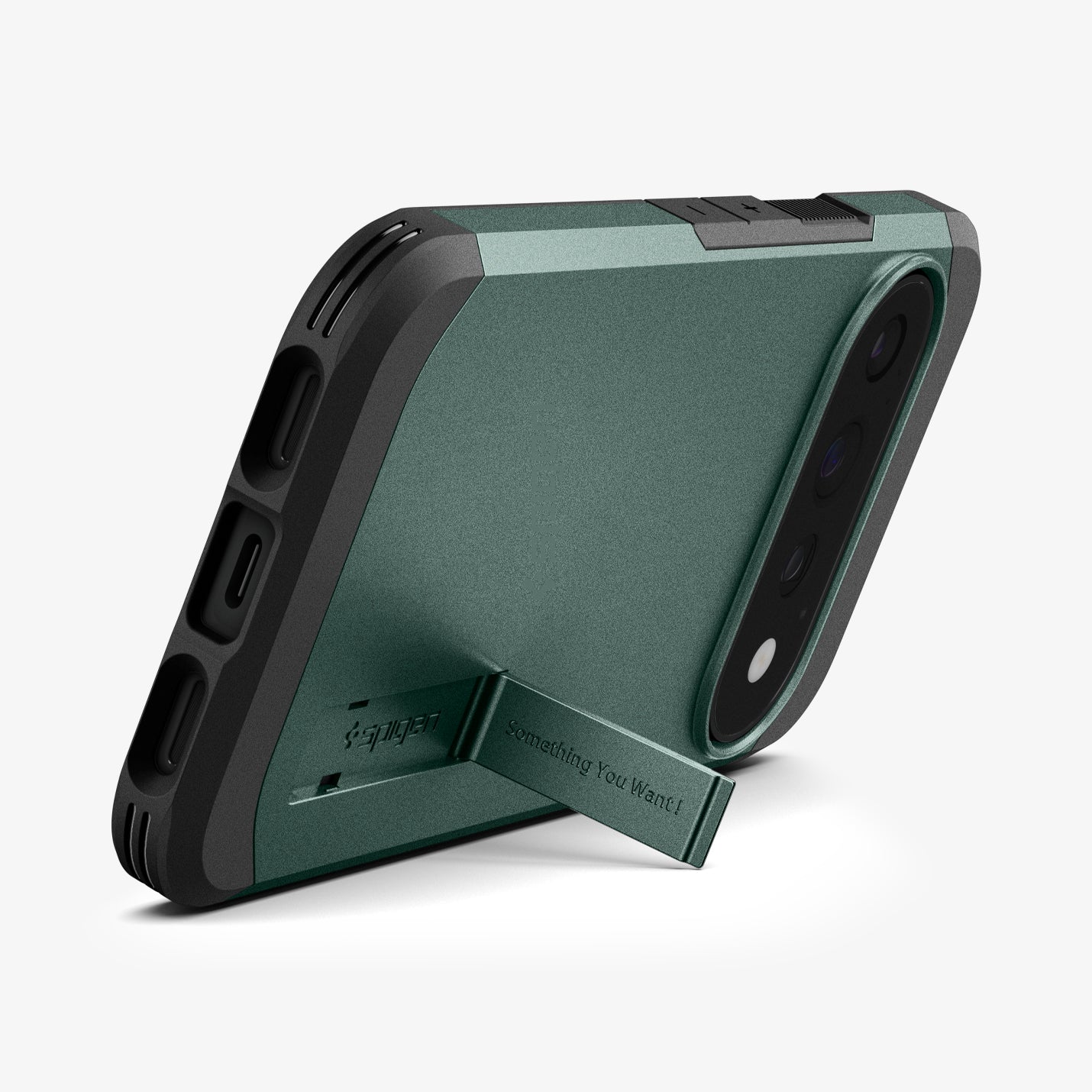 ACS11859 - Pixel 11 Pro  Tough Armor (Mag Fit) Abyss Green case displayed with the built in kickstand extended for hands free viewing.