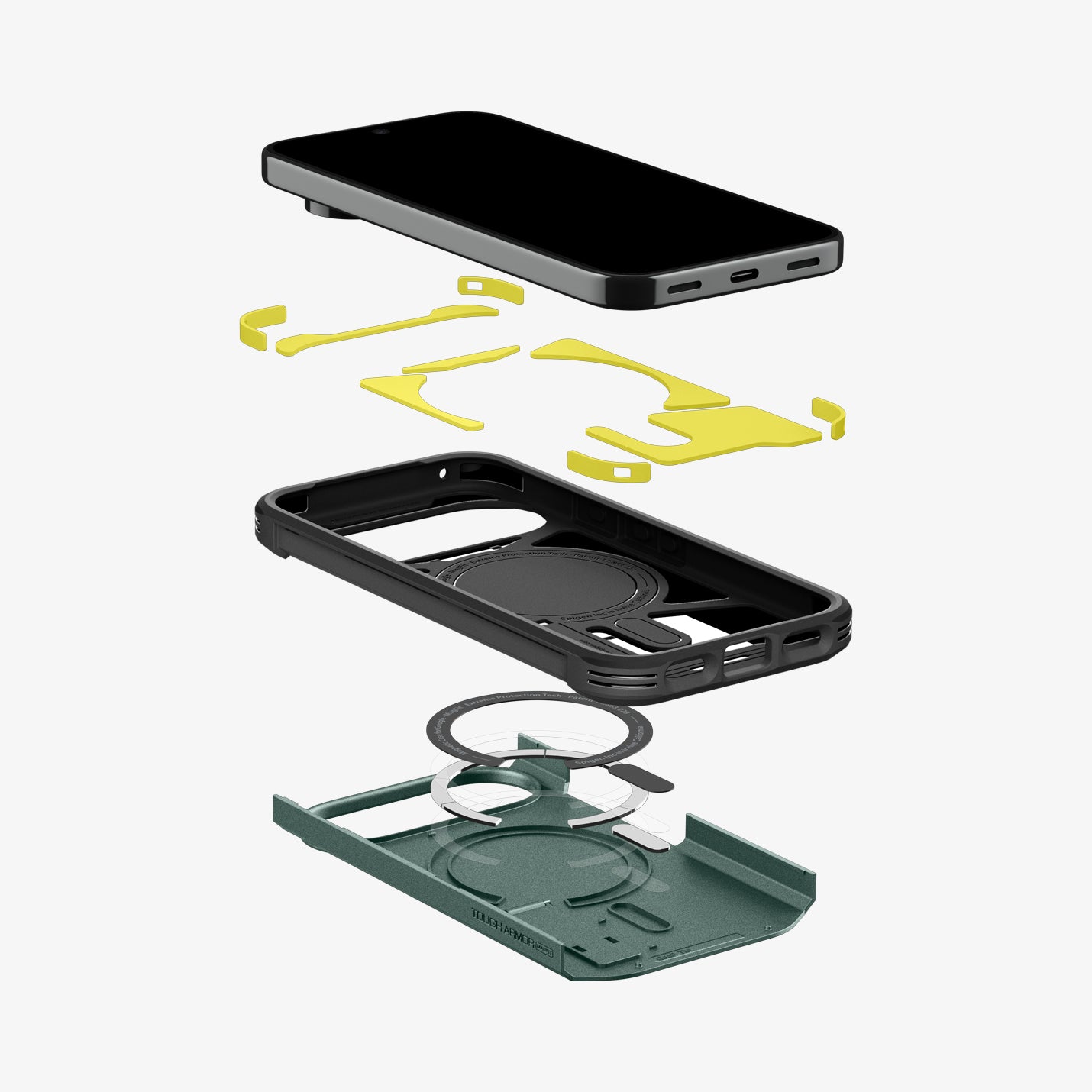 ACS11859 - Pixel 11 Pro  Tough Armor (Mag Fit) Abyss Green exploded view showing the multi layer construction, built in magnetic ring, and Extreme Protection Foam.